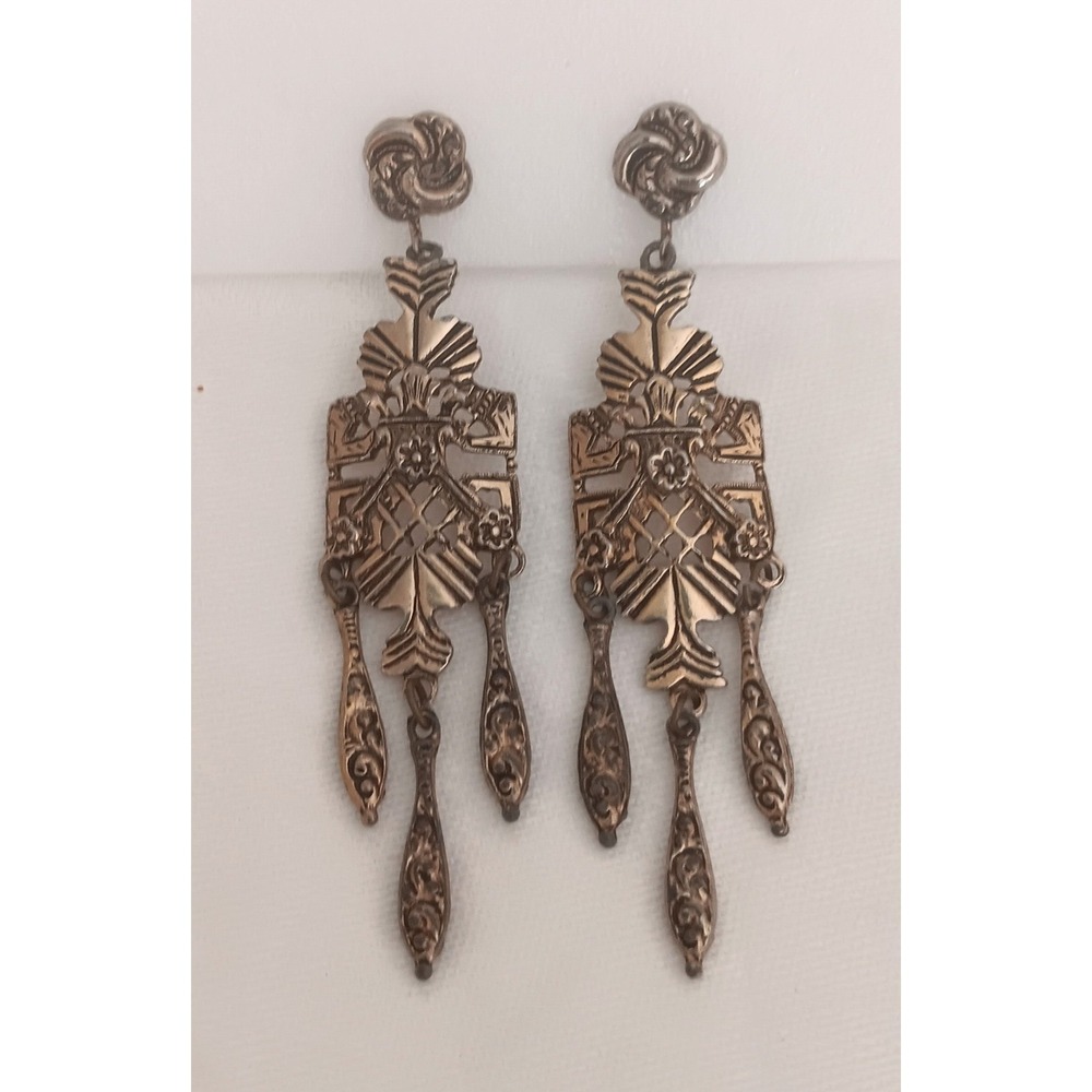Vintage Etruscan Revival Chandelier Dangle Earrings Screwback Gold Tone Art Deco